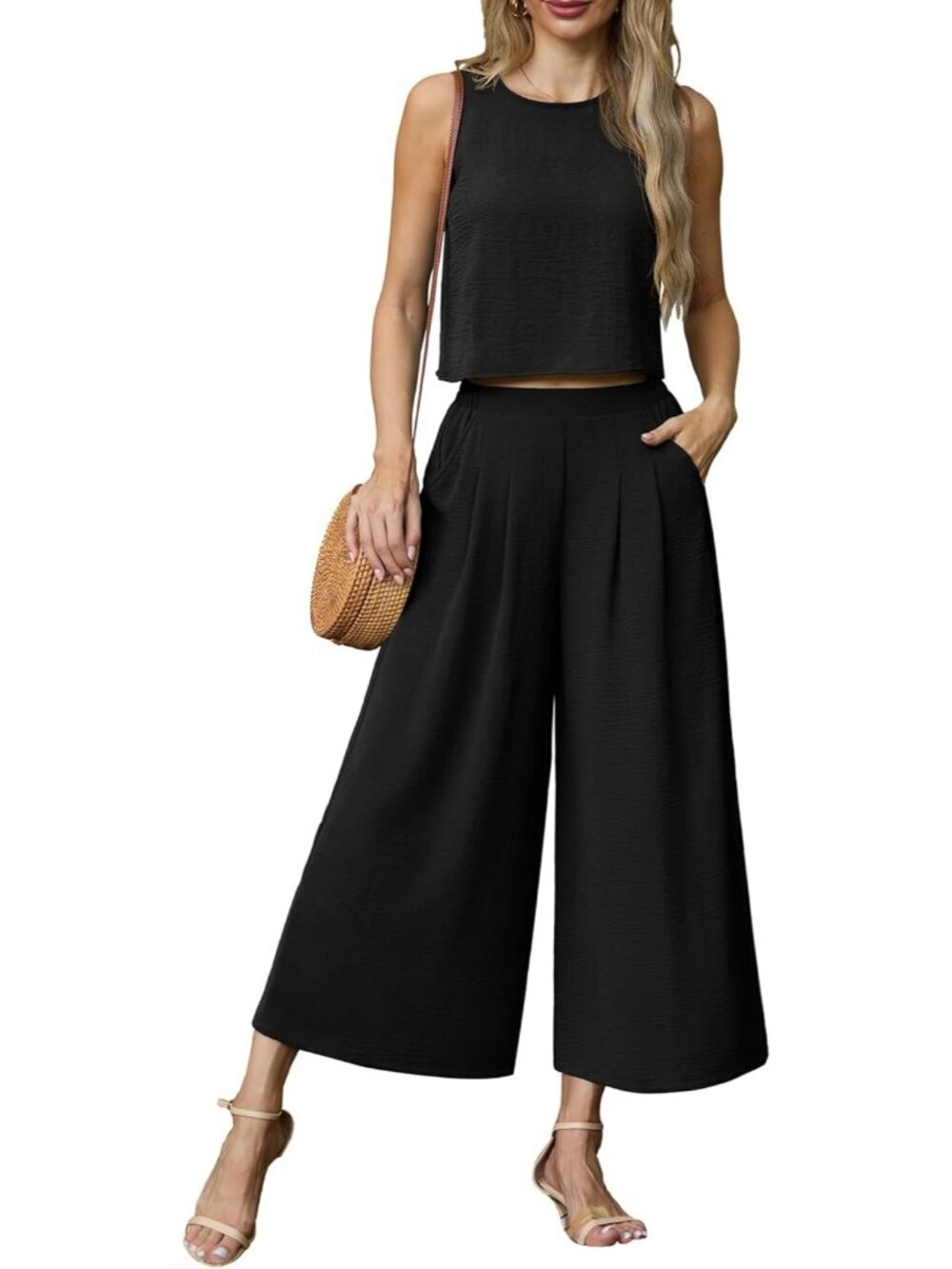 Women's Black Summer 2 Piece Outfits Sleeveless Crop Top Flowy Wide Leg Pants